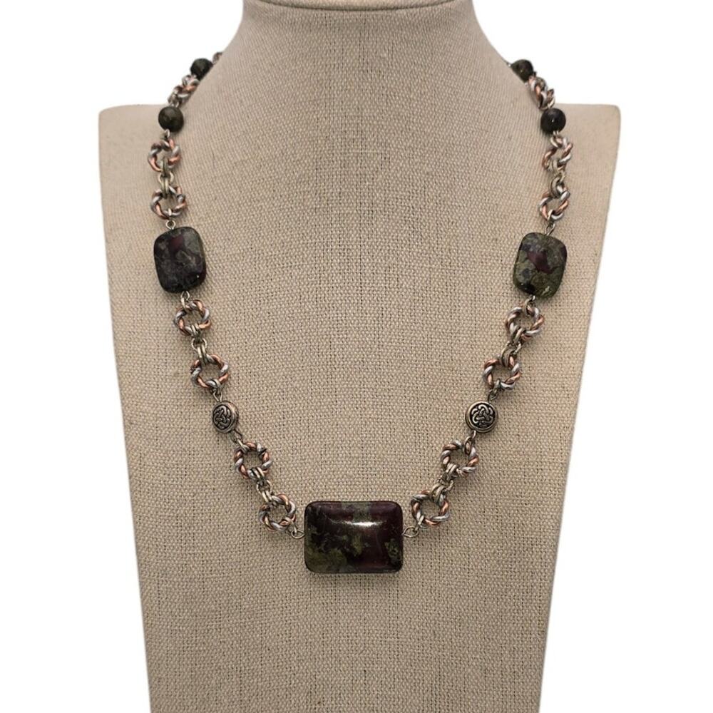 Earth Tone Stone Link Necklace – Ornate Mixed Metal Artisan Style